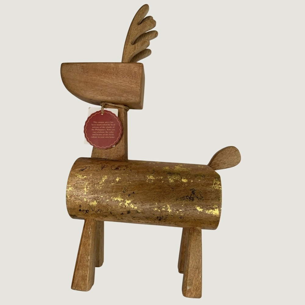 Wood Reindeer Figurine Gold Leaf Accent Handcrafted Christmas Decor 18"